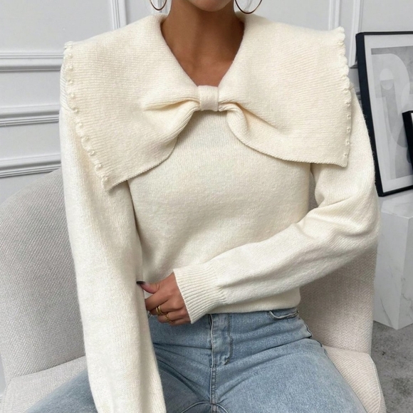 Sweaters - Apricot Casual Womens Statement Collar Twist Front Drop Shoulder Sweater